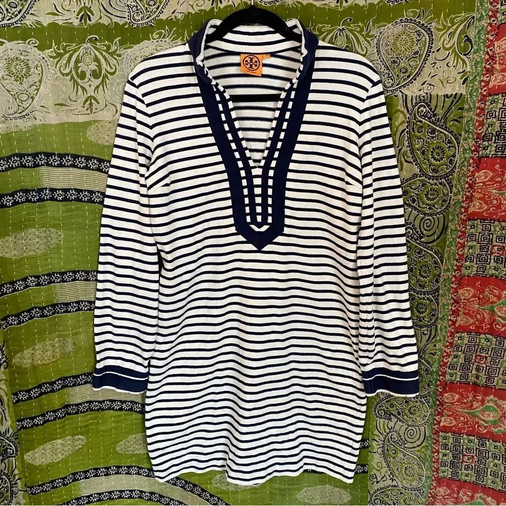 Tory Burch White/ Blue Cotton Knit Mini Tunic Nautical Dress Size Medium